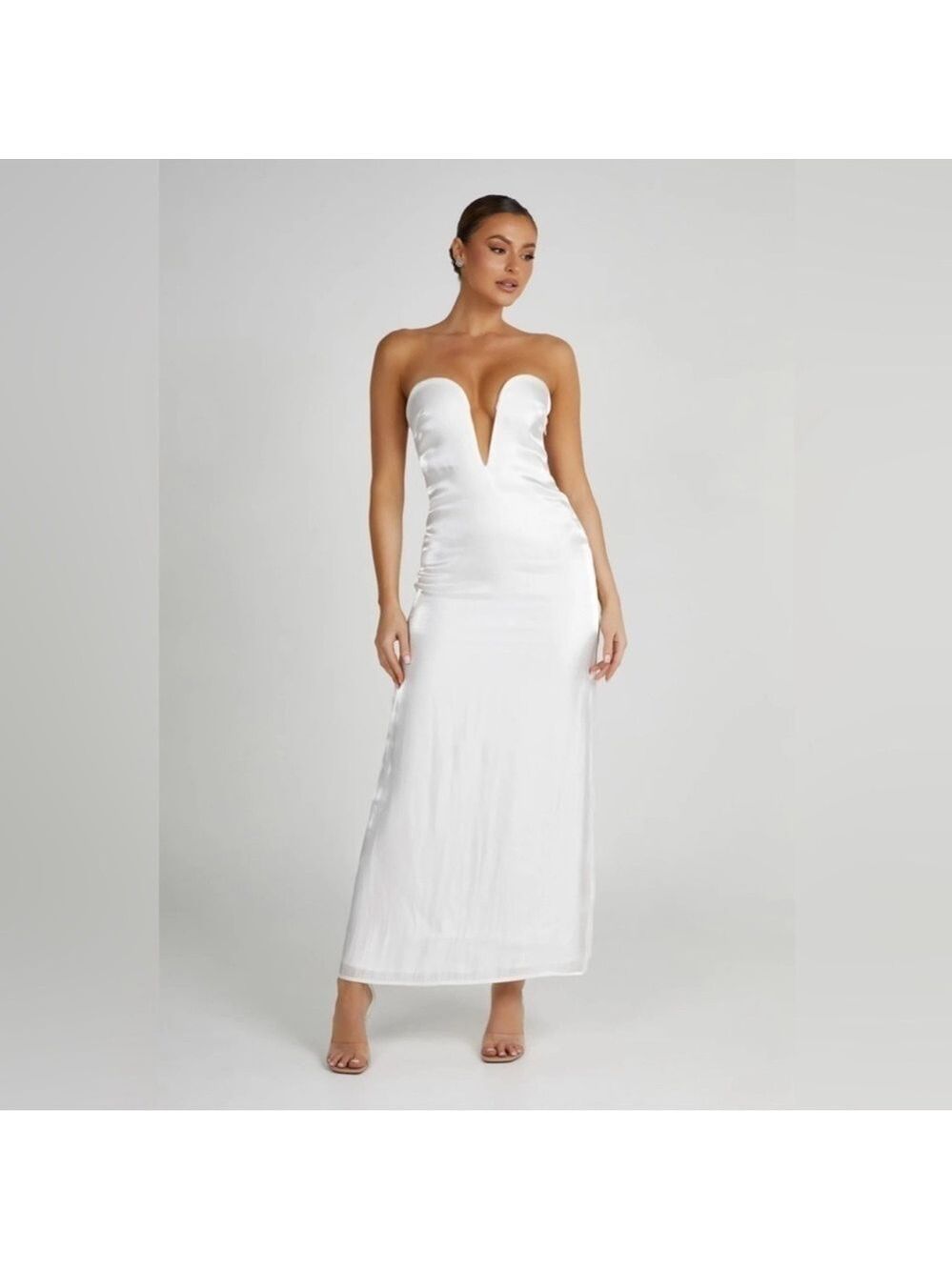 Meshki White Chantelle Strapless Plunge Satin Midi Dress